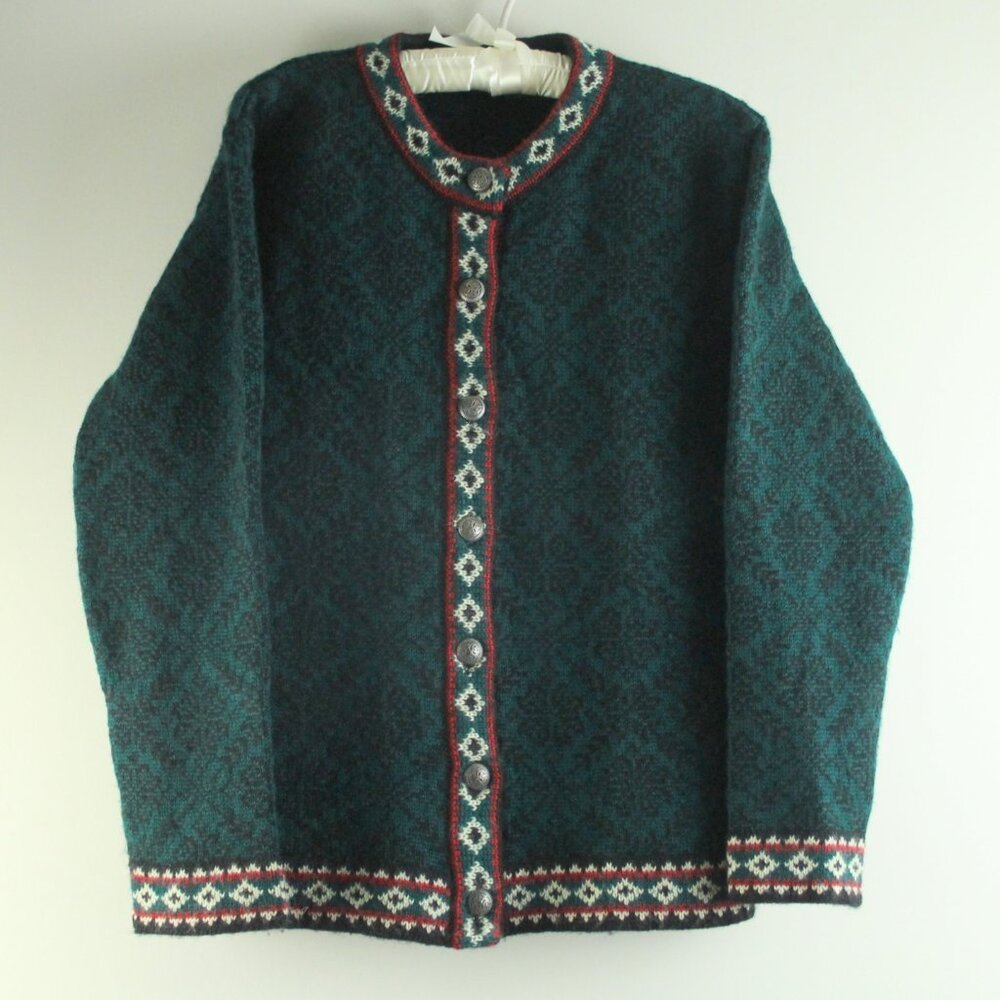 VTG LL Bean Wool Teal Fair Isle Pewter Etch Button Front Cardigan Knit Jacket S